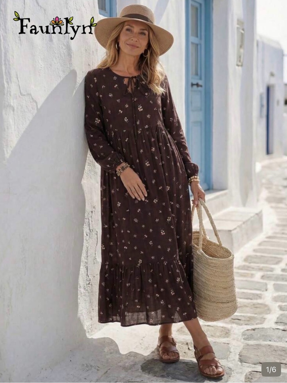 SHEIN Brown Floral Tie-Neck Long Sleeve Midi Dress